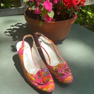 Vintage 1960’s De Liso Debs Vendome print (silk?) sling-backs with bows